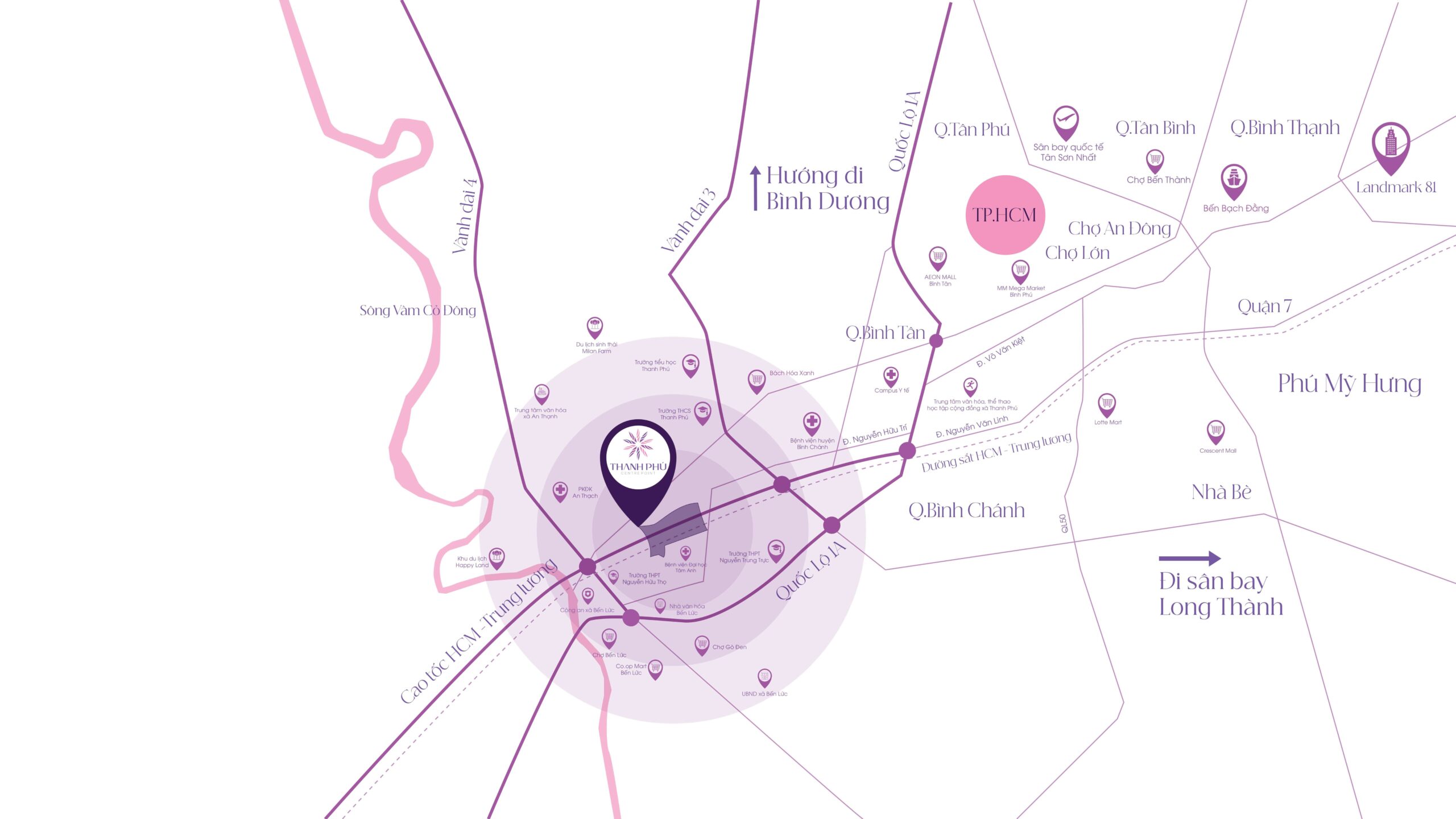 Sơ đồ vi trí dự án Thanh Phú Centre Point kết nối các tuyến đường giao thông huyết mạch với thành phố Hồ Chí Minh và các tỉnh miền Tây